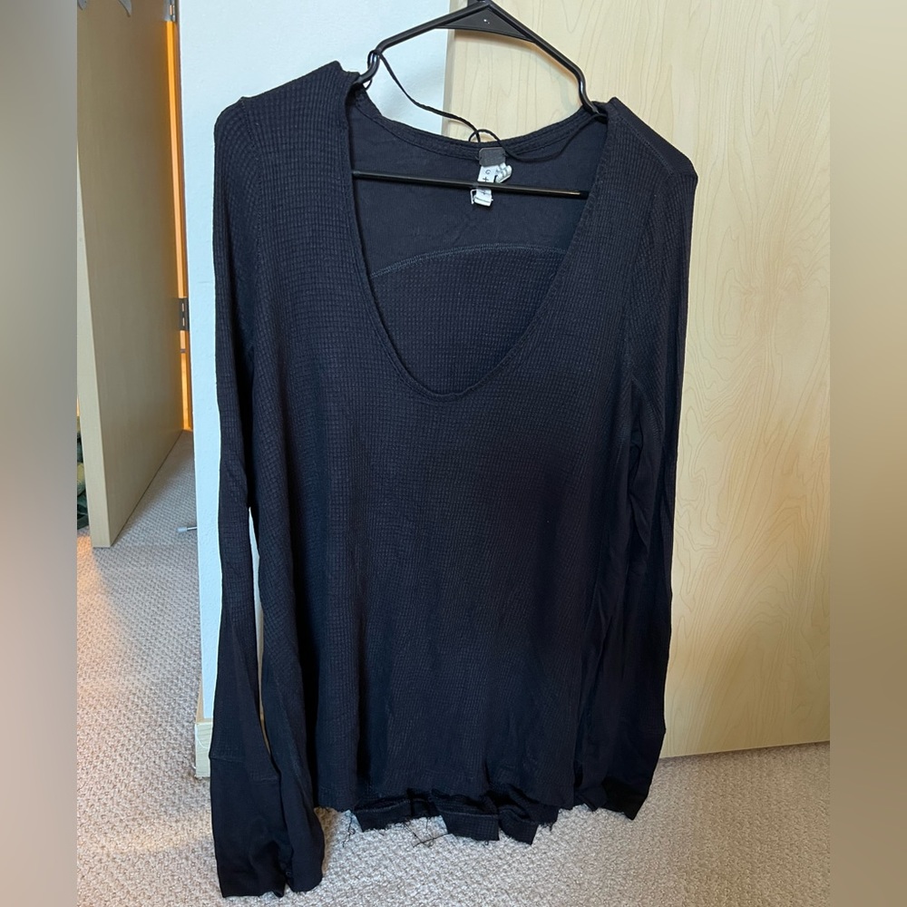 Free People Black Scoop Neck Waffle Thermal